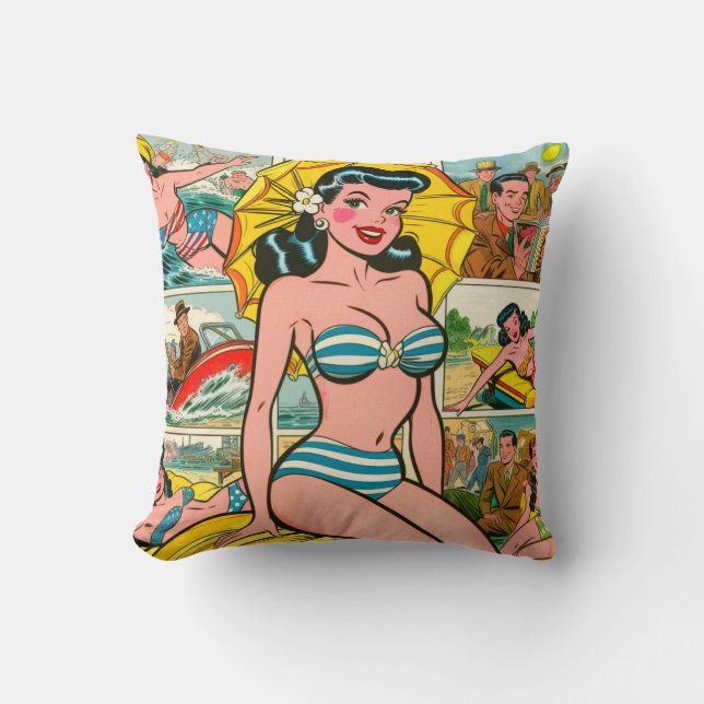 Almofada Histórias em quadrinhos de verão da Retro Bikini G (Frente)