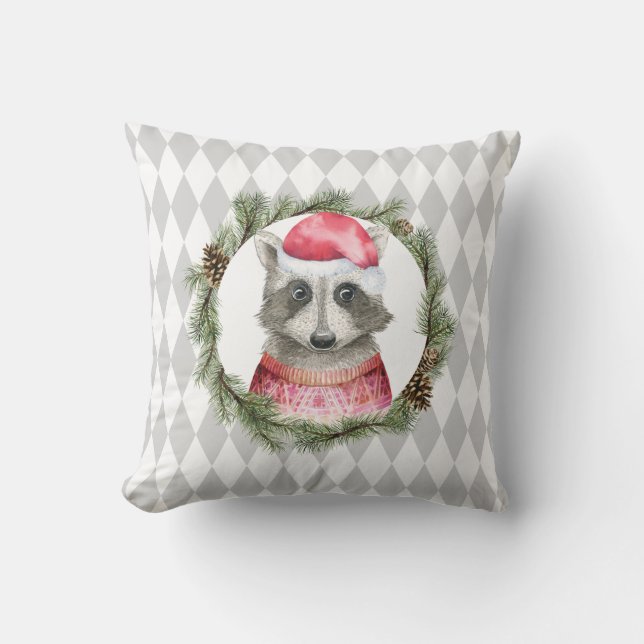 Almofada Holiday Raccoon e Pastel Cinza Harlequin Patterno (Frente)