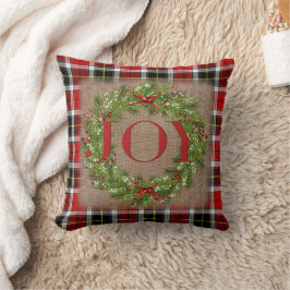 Almofada Holly Berry Wreath JOY Xadrez Burlap Natal