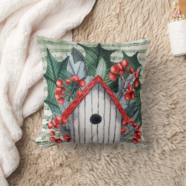 Almofada Holly de inverno e Birdhouse Watercolor (Cobertor)