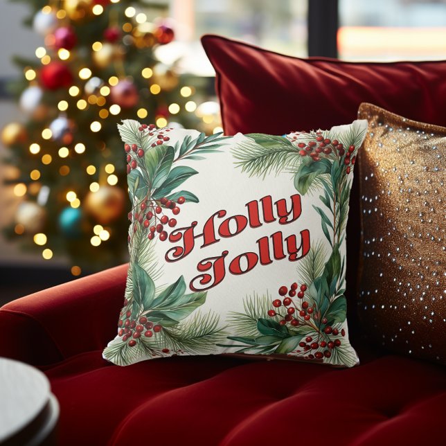 Almofada "Holly Jolly" - Escrita decorativa de Natal e Holl (Traditional Christmas Decor Festive "Holly Jolly" Pine and Holly Decorative Christmas Throw Pillow)