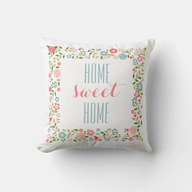 Almofada Home Sweet Home Coral Teal Floral Wreath Padrão (Frente)