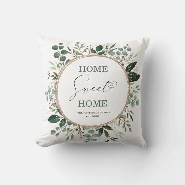 Almofada Home Sweet Home Elegante Watercolor Greenery (Frente)