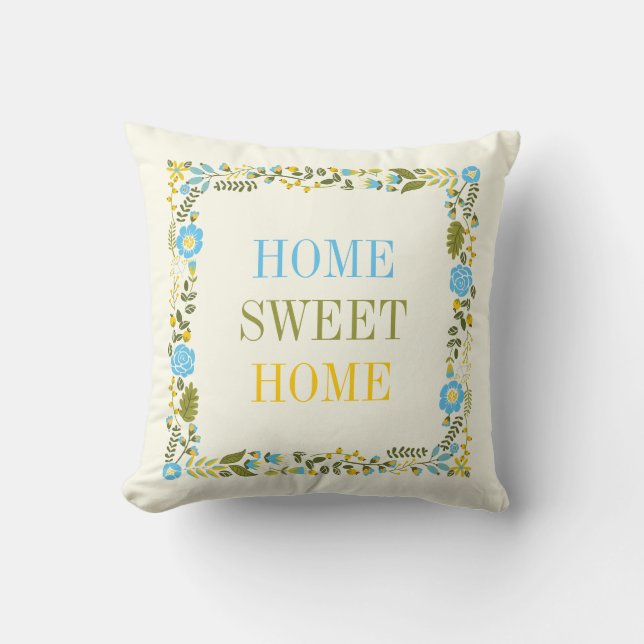 Almofada "HOME SWEET HOME" floral border aqua e yellow (Frente)
