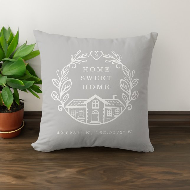 Almofada Home Sweet Home, Wreath Design e Cinzas de coorden (Home Sweet Home, Wreath Design & Coordinates Grey Throw Pillow)