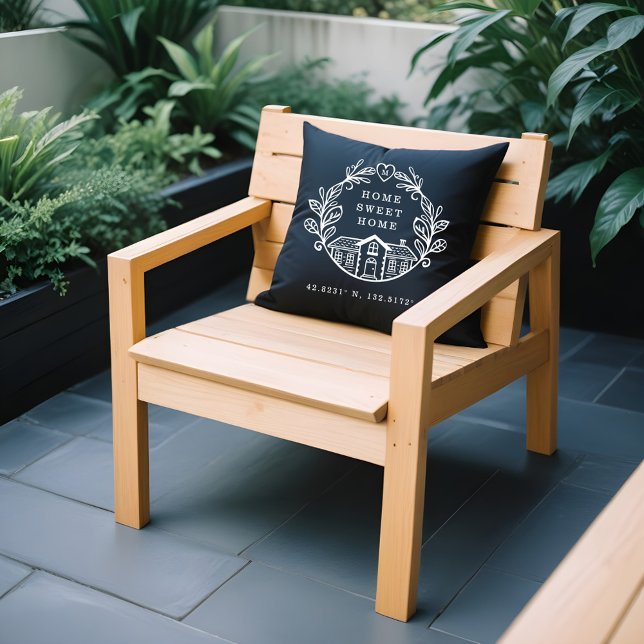 Almofada Home Sweet Home, Wreath Design e coordena preto (Home Sweet Home, Wreath Design & Coordinates Black Throw Pillow)