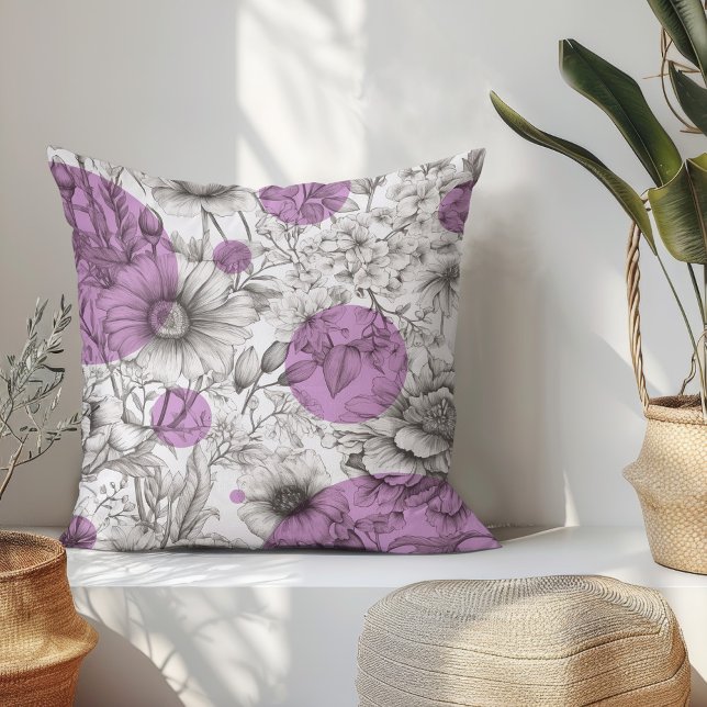 Almofada Horário Floral de Verão Retro Púrpura Lilac (Modern floral throw pillow with black and white sketch flowers and lilac purple retro circles.)