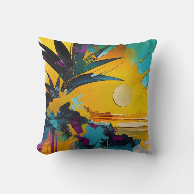 Almofada Horizonte Dourado – Pôr do Sol Tropical Abstrato (Frente)