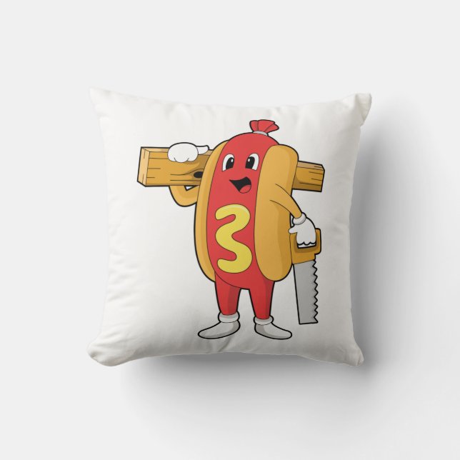 Almofada Hotdog como carpinteiro com serra e madeira (Frente)