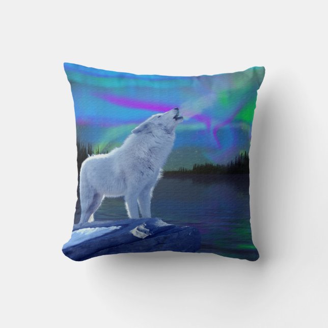 Almofada Howling Artic Wolf & Aurora Wildlife Travesseiro d (Frente)