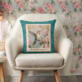 Almofada Hummingbird com Flores no Monograma do Damasco Tea