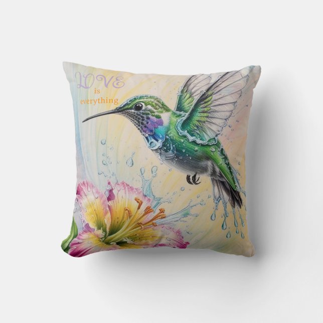 Almofada Hummingbird e Flor de Cores Aquáticas (Frente)
