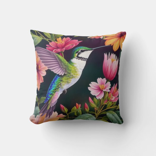 Almofada Hummingbird Multicolor Flowers Art (Frente)