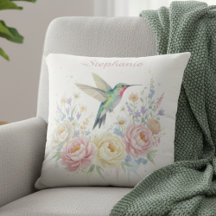 Hummingbird Pillow – Pastel Floral Watercolor Gift