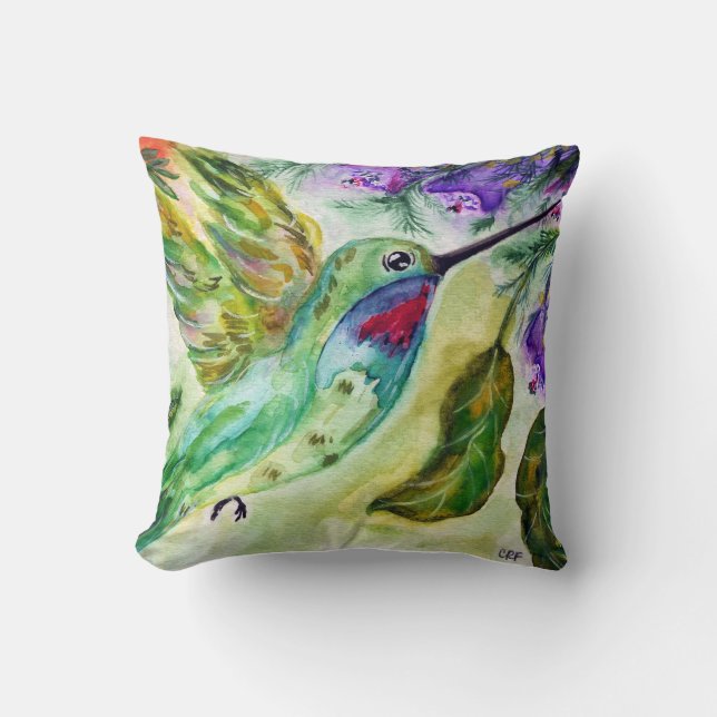 Almofada "Hummingbird watercolor" Throw Pillow (Frente)