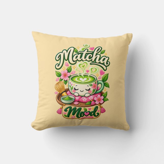 Almofada Humor de Matcha – Chá de Matcha Kawaii Fofo  (Frente)