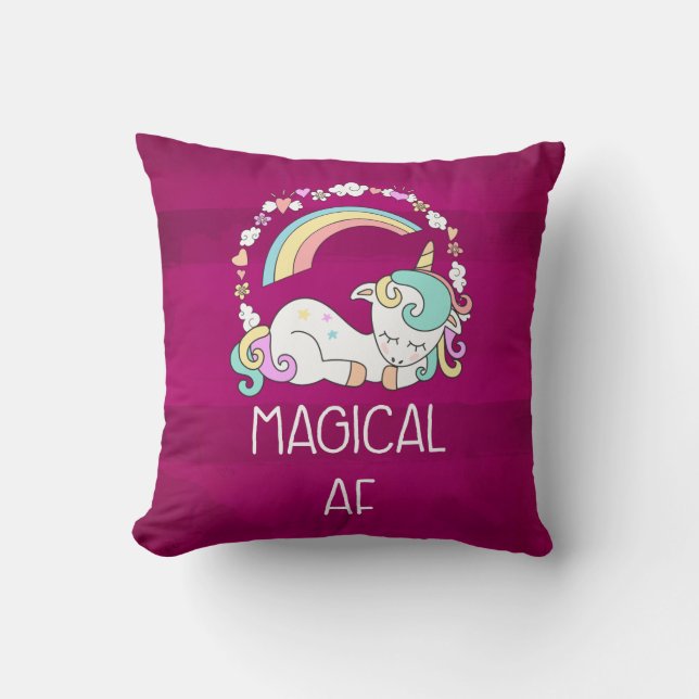 Almofada Humor Unicorn Magical AF em padrão vermelho escuro (Frente)
