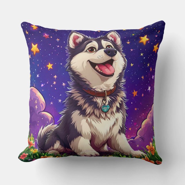Almofada Husky Alegre Contra o Céu Estrelado (Frente)