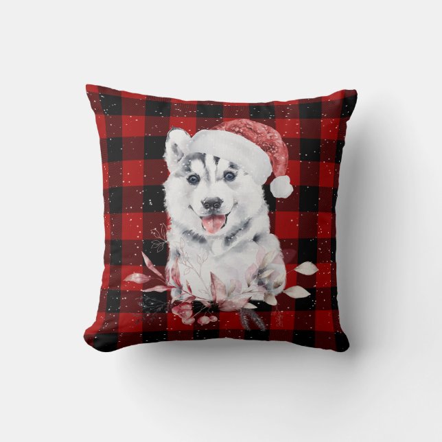 Almofada Husky de Natal em Xadrez de Búfalo  (Frente)