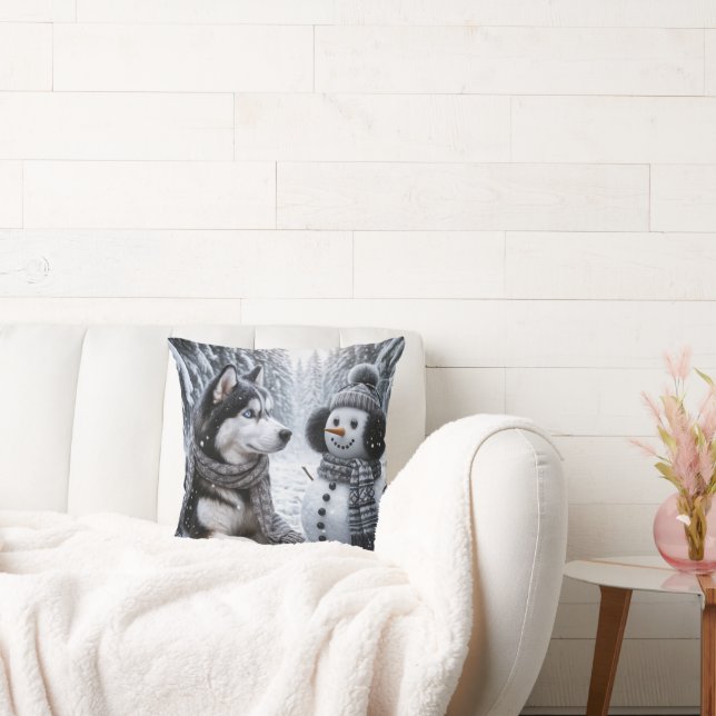 Almofada Husky e Boneco de Neve nos Bosques de Inverno (Sofá)