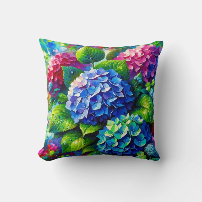 Almofada "Hydrangeas com Raindrops - Arte Floral Vibrante" (Frente)