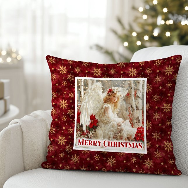 Almofada Idyllic Angel Red Poinsettia Christmas Pillow Gift (Idyllic Angel Red Poinsettia Christmas Pillow Gift)