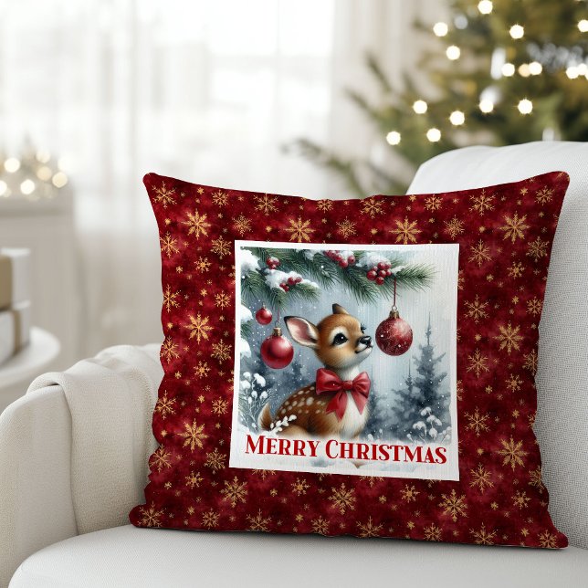 Almofada Idyllic baby deer winter snowy forest Christmas  (Idyllic baby deer winter snowy forest Christmas pillow)