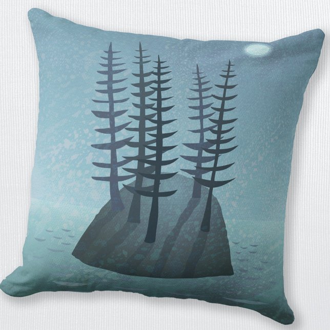 Almofada Ilha na Arte Oceânica (Island with Pine Trees and a moonlit ocean art throw pillow)