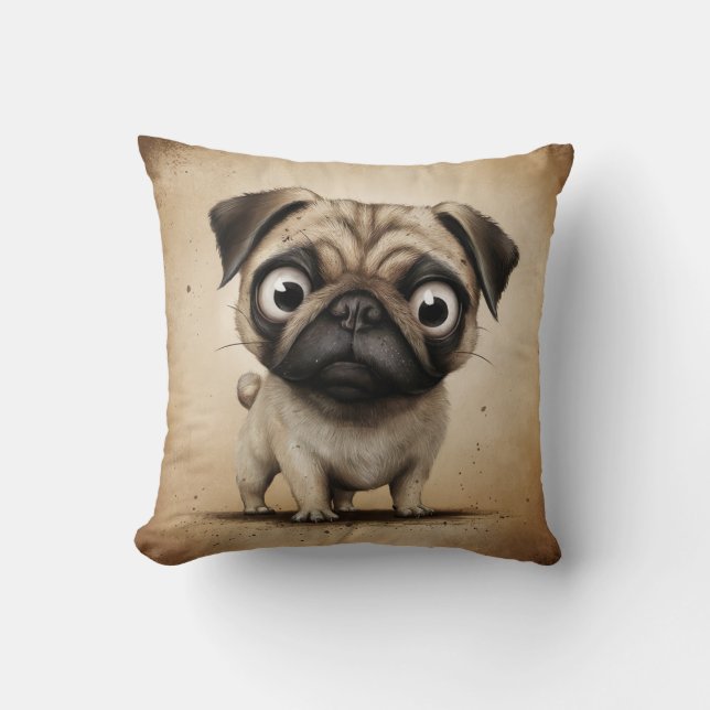 Almofada Ilustração Adorável de Pug de Olhos Grandes (Frente)