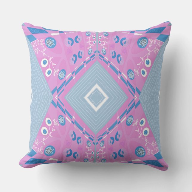 Almofada Ilustração Bohemiana Chintz Azul Cor-de-Rosa (Frente)