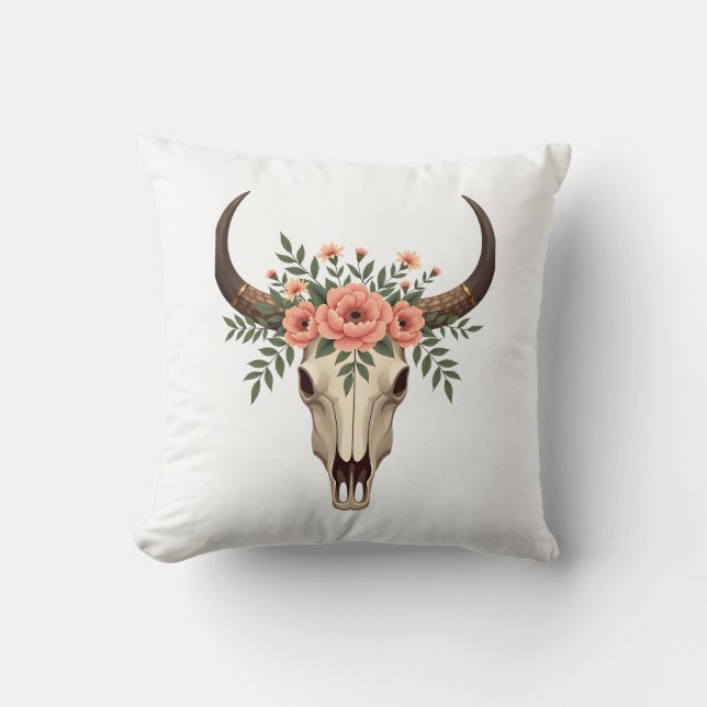 Almofada Ilustração Botânica Ocidental Boho Crânio de Touro (Frente)