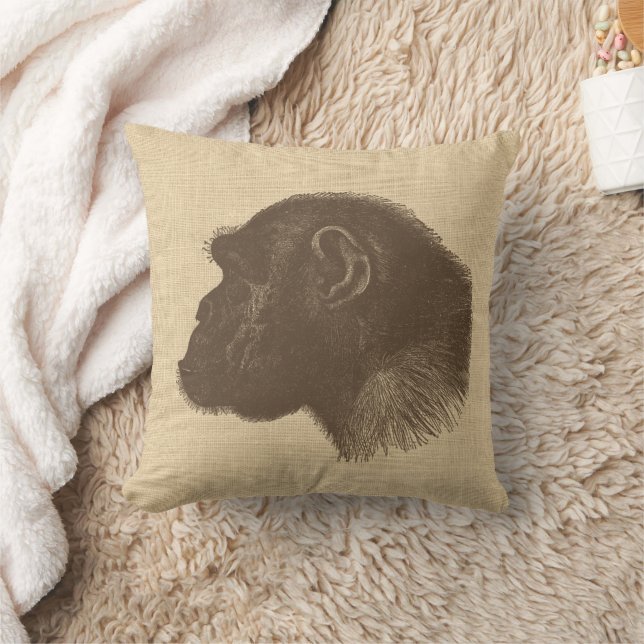 Almofada Ilustração Chimpanzé Vintage em Burlap (Cobertor)