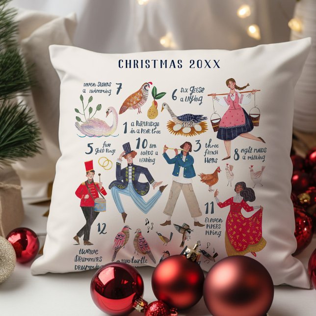 Almofada Ilustração Clássica dos 12 Dias de Natal Fofa (12 Days of Christmas custom year traditional classic illustration holiday throw pillow decor.)