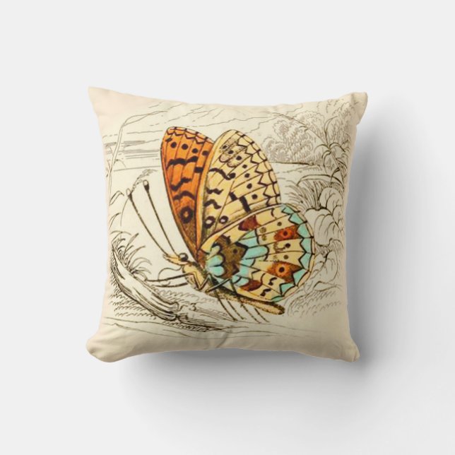 Almofada Ilustração da Borboleta Vintage, Laranja e bege (Frente)