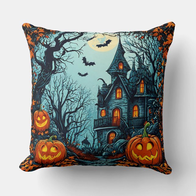 Almofada Ilustração da Mansão Assombrada com Jack-O-Lantern (Frente)