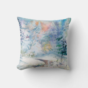 Almofada Ilustração da paisagem invernal em aquarela