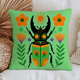 Almofada Ilustração de Besouro de Arte Popular Floral Verde