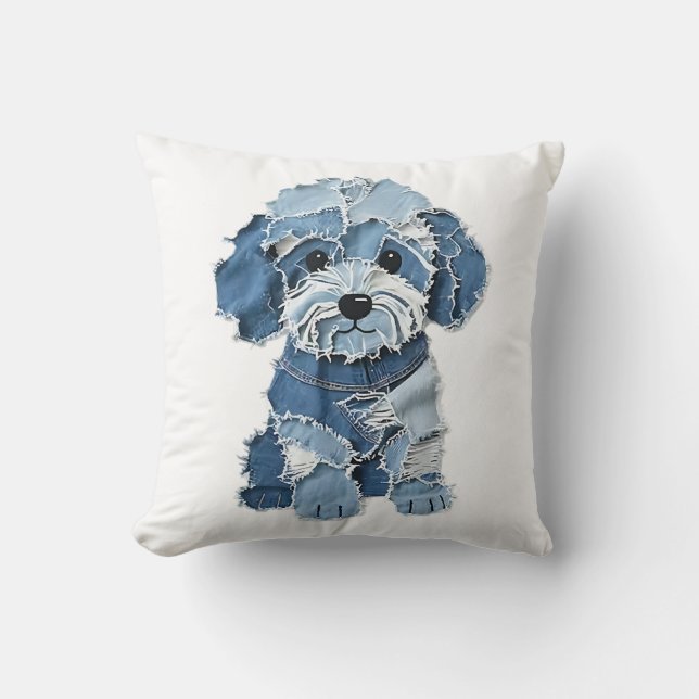 Almofada Ilustração de Cachorro com Remendo de Jeans Fofo (Frente)