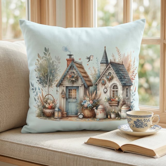 Almofada Ilustração de Casas Florais Cottage Haven (Cottage Haven Floral Homes Illustration Throw Pillow In Window Seat)