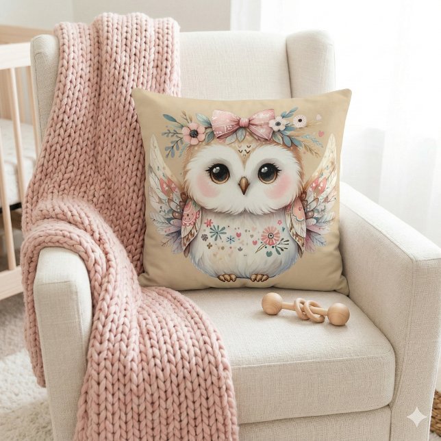 Almofada Ilustração de Coruja Kawaii Boho (Kawaii Boho Owl Illustration Throw Pillow Mockup A)