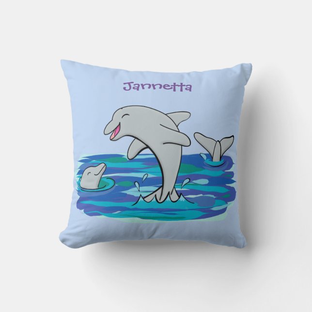Almofada Ilustração de desenho animado de golfinhos alegres (Frente)