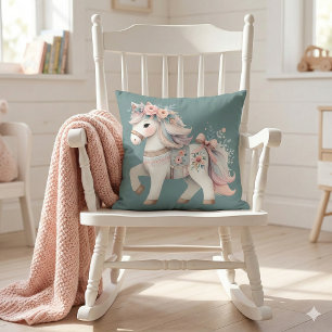 Almofada Ilustração de Fantasia de Cavalo Pastel Floral