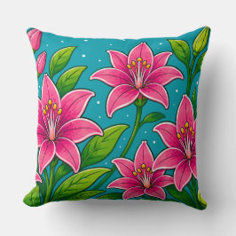 Almofada Ilustração de Flores de Lírio Rosa com Folhagem Ve
