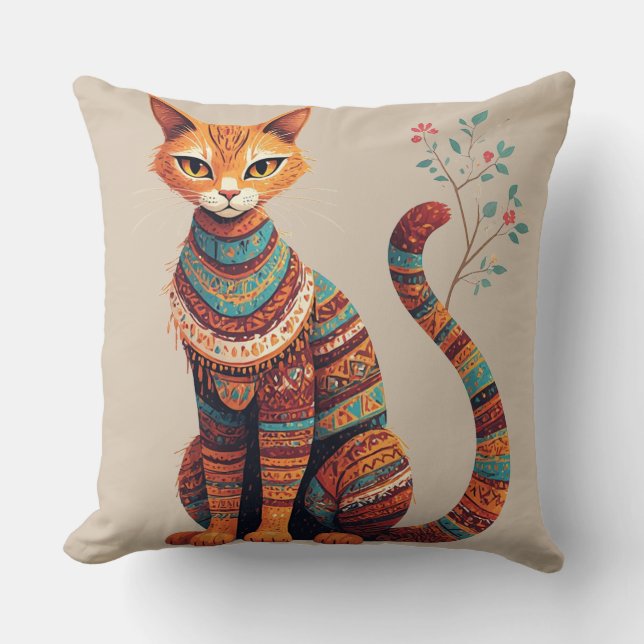 Almofada Ilustração de Gato Tribal Boho Design de Arte Popu (Frente)