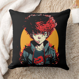 Almofada Ilustração de Menino Anime: Cabelo Vermelho e Pret