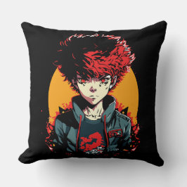 Almofada Ilustração de Menino Anime: Cabelo Vermelho e Pret