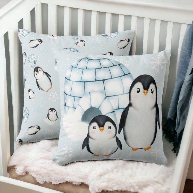 Almofada Ilustração de neve de pinguim-de-inverno bonito (Cute winter penguin igloos snow illustration throw pillow)