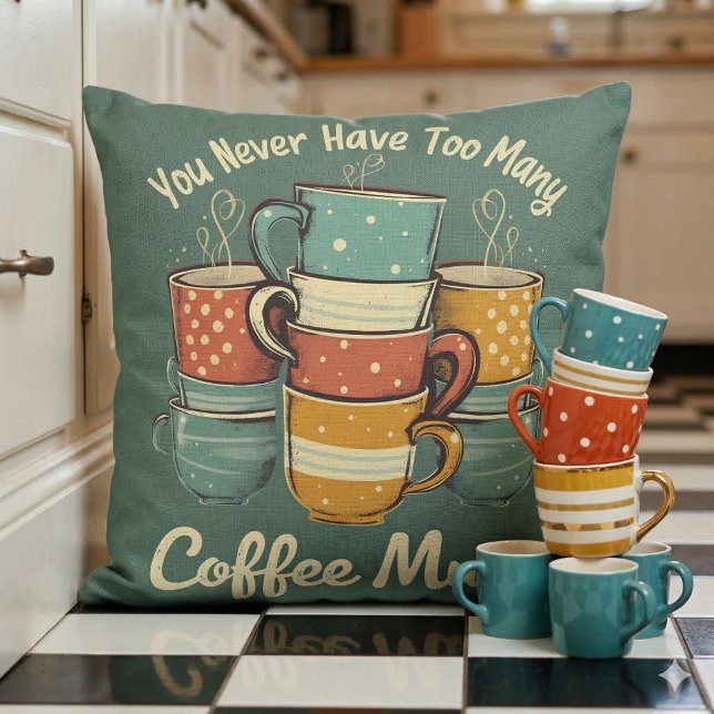 Almofada Ilustração de pilha de canecas de café retrô (Retro Coffee Mug Stack Illustration Throw Pillow With Stack of Mugs)