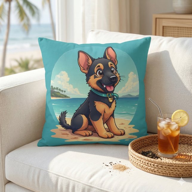 Almofada Ilustração de praia de papoila de German shepherd  (Cute German Shepherd Puppy Beach Illustration Throw Pillow Mockup A)