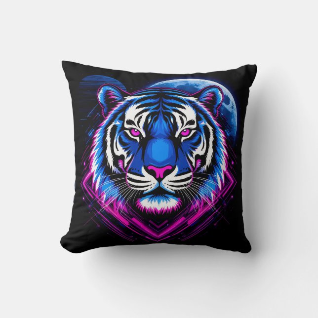 Almofada Ilustração de Tigre Neon com Formas Geométricas (Frente)